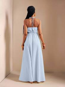 Zivah New Spring And Summer Casual Holiday Halter Neck Strapless Bust, Waist And Back A Swing Skirt With High Slit On The Front To The Thigh, Yellow Sea Stripe Women's Extra Long Dress-B Baby Blue Dress,Sun Dresses For Women - Blue - View 2
