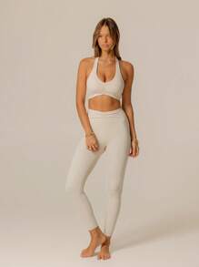 SHEIN Aralina-E Quần legging nhún Leisurewear hoàn hảo cho trang phục thể thao mùa hè và mùa đông, trang phục đi biển và trang phục sân bay cho phụ nữ - Màu be - Xem 4