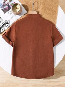 SHEIN 1 件青少年男孩立领绅士卡其色纯色休闲短袖衬衫，春夏 - 棕色 - 查看 2
