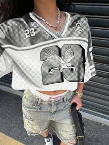 女士休闲V领宽松网眼T恤，印有数字23和鸽子图案，半袖设计，适合夏季和运动场合，也适合户外穿着，时尚百搭。休闲简约大码T恤，夏季必备。 - 彩色 - 查看 4