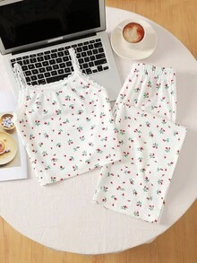 SHEIN 2 件套青少年女孩简约碎花蕾丝花边吊带和直筒睡裤套装，柔软舒适的家居服 - 白色 - 查看 1