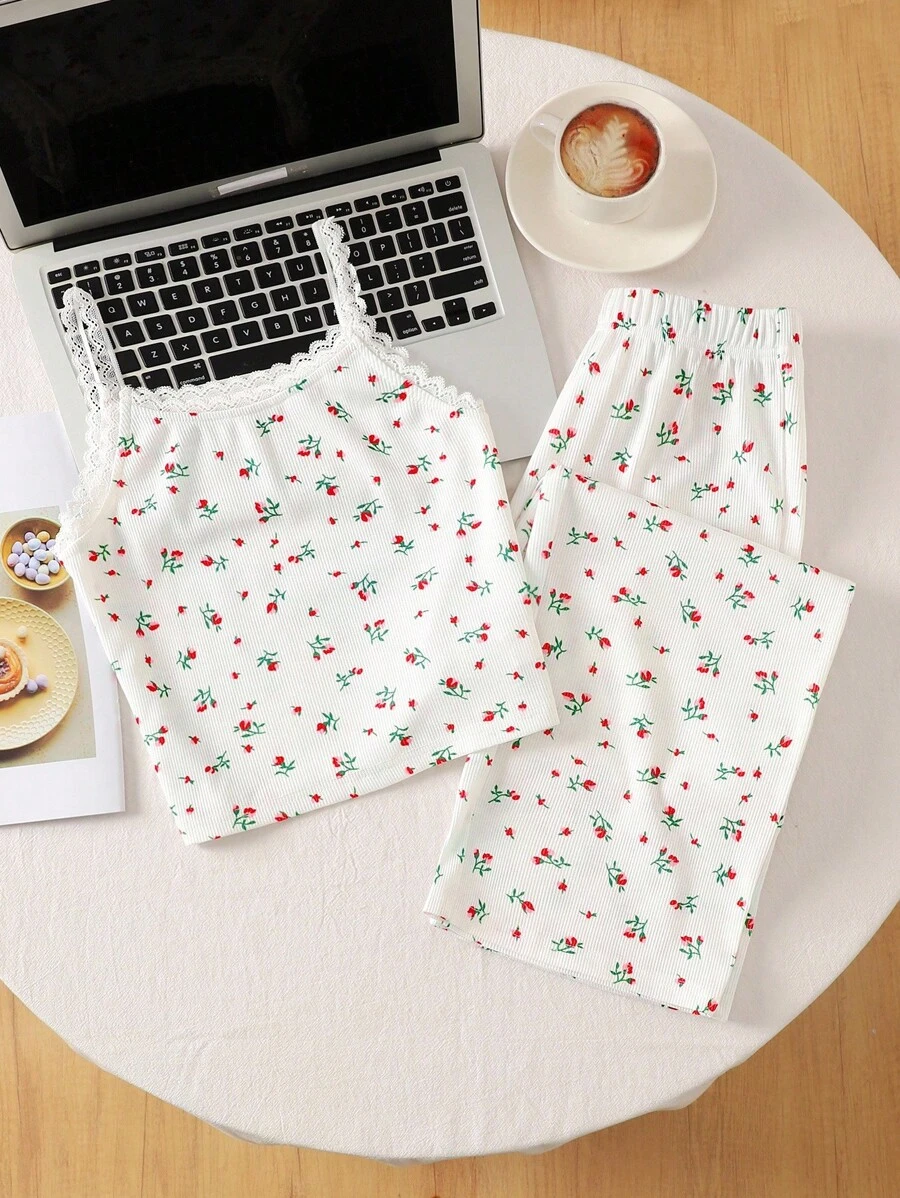 SHEIN 2 件套青少年女孩简约碎花蕾丝花边吊带和直筒睡裤套装，柔软舒适的家居服 - 白色 - 查看 1