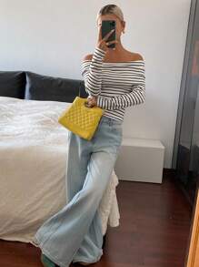 Livesso Women's Off Shoulder Striped Long Sleeve T-Shirt, Summer Fall Tops - Black and White - View 2