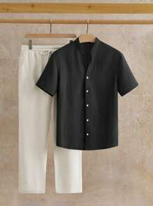 HIMLAND 2pcs Men's Casual Jacquard V-Neck Short Sleeve Shirt & Pants Set, Men 2 Pieces Co-Ord Set, Casual Top And Bottom Set, Linen Summer Outfits, Cozy Outfits