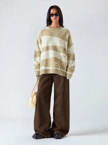 LYSMO Women's Casual Colorblock Striped Distressed Sweater, Autumn/Winter - Green - View 2