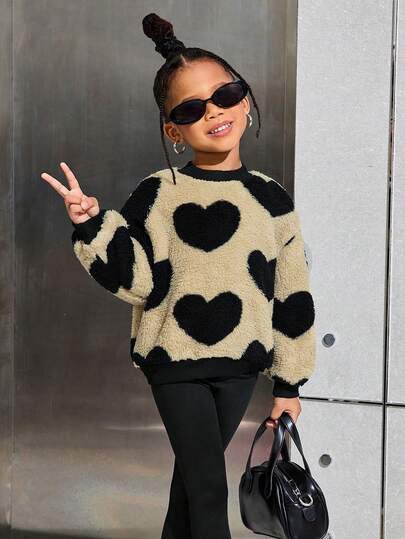 Cute Heart Plush Pullover Sweatshirt For Young Girls, Casual Daily Fashion Versatile Toddler Girl Heart Outfit Girls Heart Sweater Kids Fuzzy Sweater Girls Winter Sweater Girls Sherpa Sweater Fall