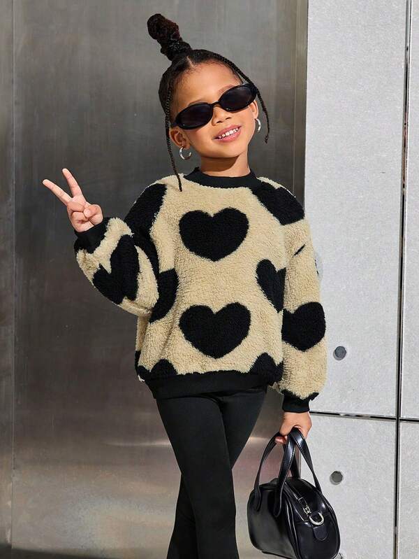 Süßer Herz-Plüsch-Pullover-Sweatshirt für Kleine Mädchen, lässige tägliche Mode vielseitig einsetzbar