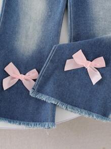 Elladie kids 两件套女童粉色圆领长袖蝴蝶结卫衣搭配喇叭牛仔裤，时尚甜美可爱，适合秋冬季节。粉色蝴蝶结牛仔裤，儿童粉色蝴蝶结牛仔裤，粉色蝴蝶结套装，女童粉色蝴蝶结卫衣，秋冬季 - 卡其色 - 查看 8
