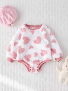 Cozy Pixies 女婴爱心图案加厚抓绒圆领长袖连体衣，女婴冬季新生儿服装，女婴爱心套装，柔软婴儿服，粉色女婴套装 - 彩色 - 查看 3