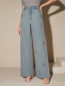 Anewsta Quần jean denim xanh nhạt đính đá sang trọng dành cho nữ - Rửa nhẹ - Xem 4