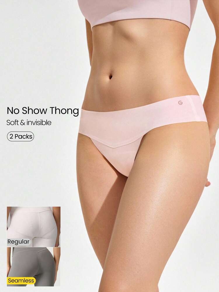 2 Packs Lightweight Breathable Sweat-Wicking Low-Waist Seamless No-Show Thong Underwear Daily Workout