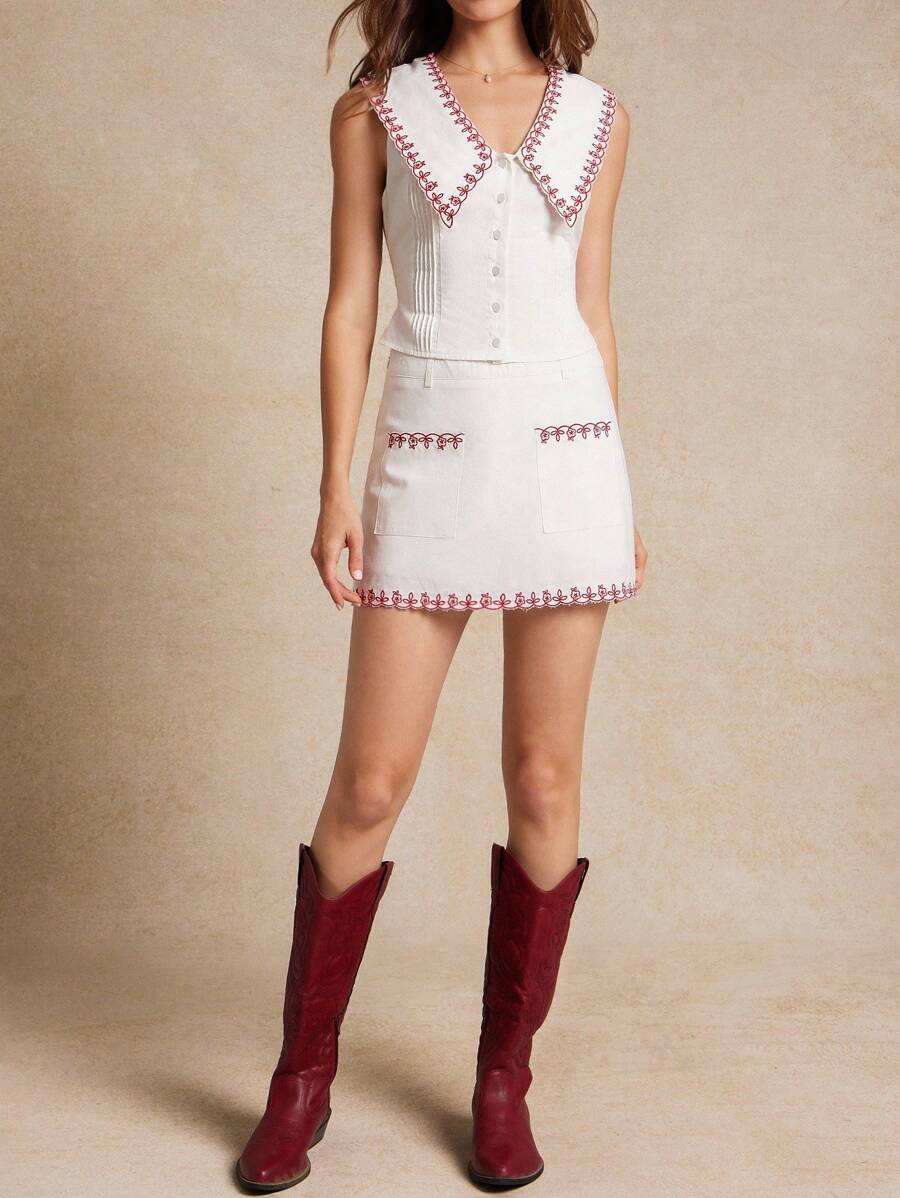 WESTFADE 100% Cotton Twill High Rise Floral Embroidered Mini Skirt Country Concert Back To School Cute Fall Summer Country Concert - White - View 1