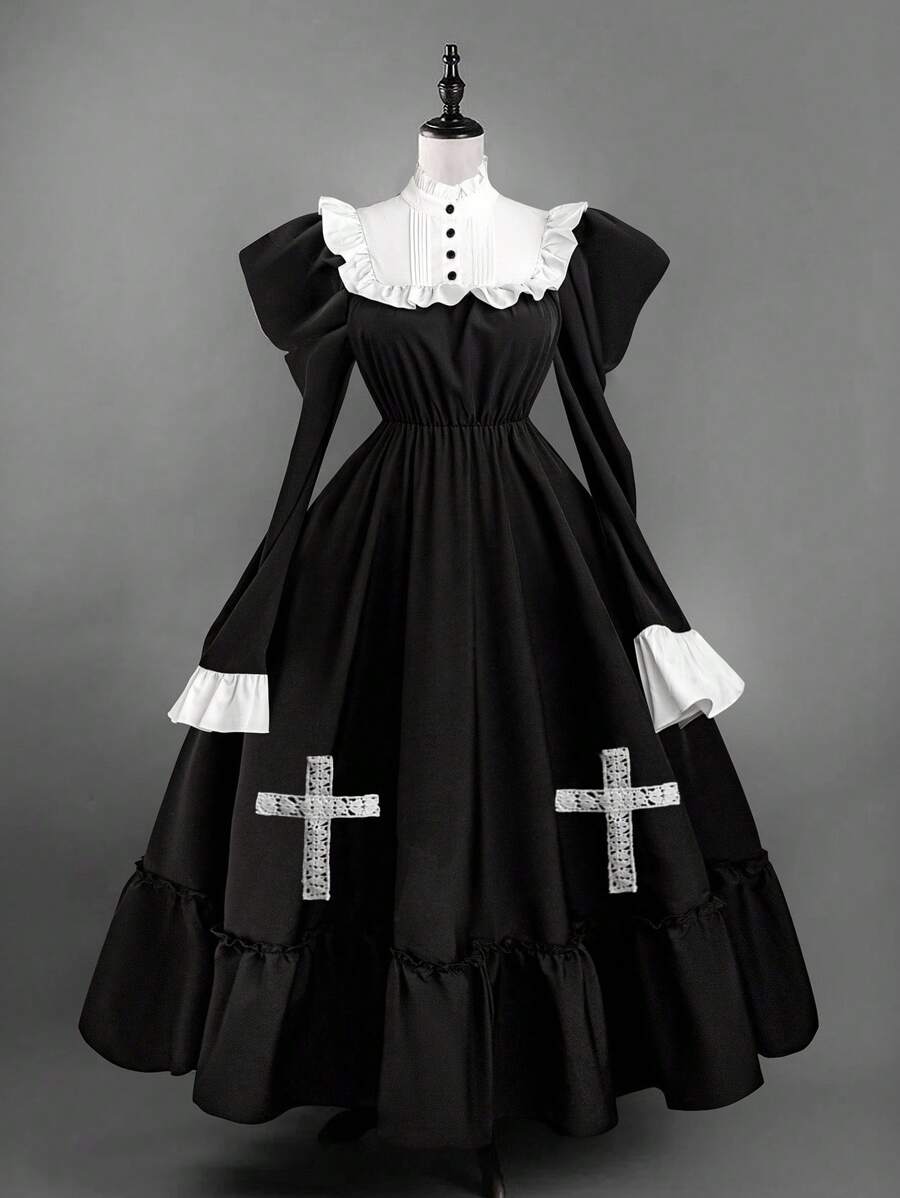Sweetra Váy Halloween Nuns Gothic Holy-Cross cỡ lớn - Đen và trắng - Xem 1