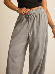 SHEIN VCAY Plus Size Women's Solid Color Ruffle Hem Drawstring Waist Casual Pants Palazzo Joggers Sweat Pants Going Out Autumn - Grey - View 4
