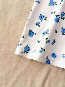 SHEIN 少女女孩白色针织蓝色小碎花休闲可爱吊带连衣裙，适合居家休闲 - 淺藍色 - 查看 6