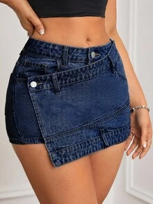 SHEIN ICON 女式蓝色时尚裹身休闲百搭牛仔短裙 - 深色水洗藍 - 查看 6