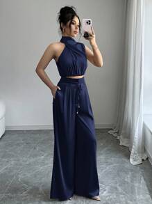 Firerie 2 件套女士优雅通勤多层领上衣和阔腿裤套装，教师制服，轻便舒适套装 - 藏蓝色 - 查看 3