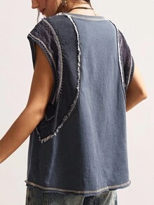 Bohemela Áo thun nữ cổ tròn dệt kim màu trơn in 18 miếng vá phong cách Boho Casual Vacation - màu đen - Xem 7