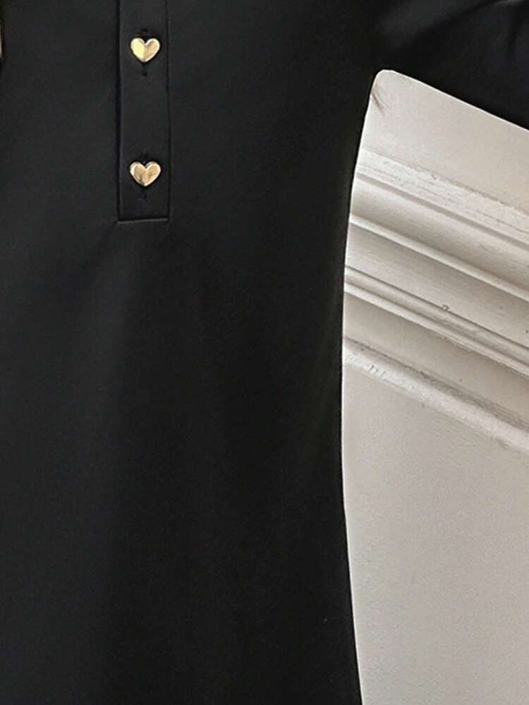 SHEIN Elladie kids 女童可爱白色翻领长袖休闲T恤裙，舒适时尚的秋冬长袖连衣裙 - 黑色 - 查看 6