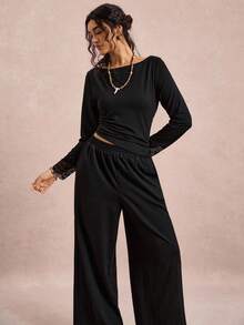 SHEIN VCAY Ensemble 2 pièces femme grande taille, Top plissé à manches longues de couleur unie et pantalon large, tenue décontractée - Noir - Voir 5