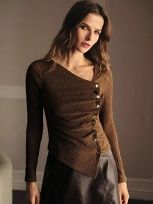 MOTF PREMIUM ASYMMETRICAL HEM BUTTON UP T-SHIRT - Coffee Brown - View 5