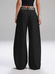 LYSMO 2025 女士休闲黑色宽松喇叭裤配条纹腰带