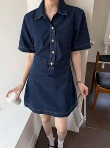 K-Vae 女式秋季深牛仔蓝底原创牛仔短裙，纽扣半襟休闲衬衫牛仔裙，女式秋季服装，返校节服装，外出服装，老款服装 - 中等水洗藍 - 查看 7