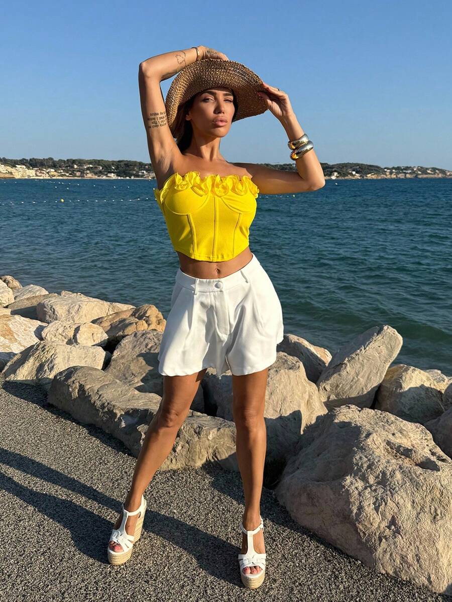 Manon Tanti Romantiskt sexig axelbandslös volangsmonterad crop Top för semester, datum, alla hjärtans dag, eftermiddagste - Gul - Visa 1