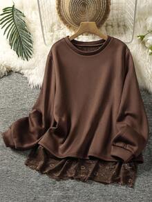 Lacomfia Bluza damska z koronką w jednolitym kolorze, plus size