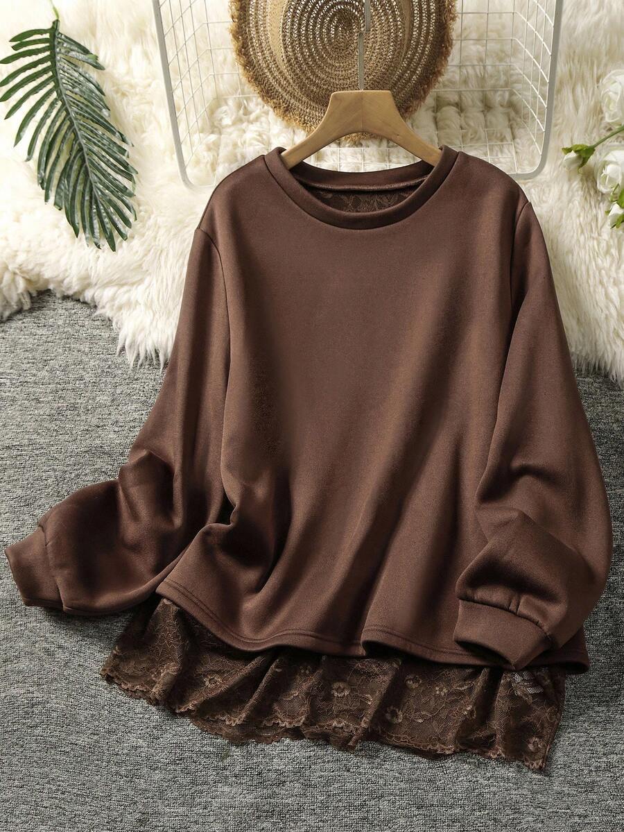 Lacomfia Bluza damska z koronką w jednolitym kolorze, plus size