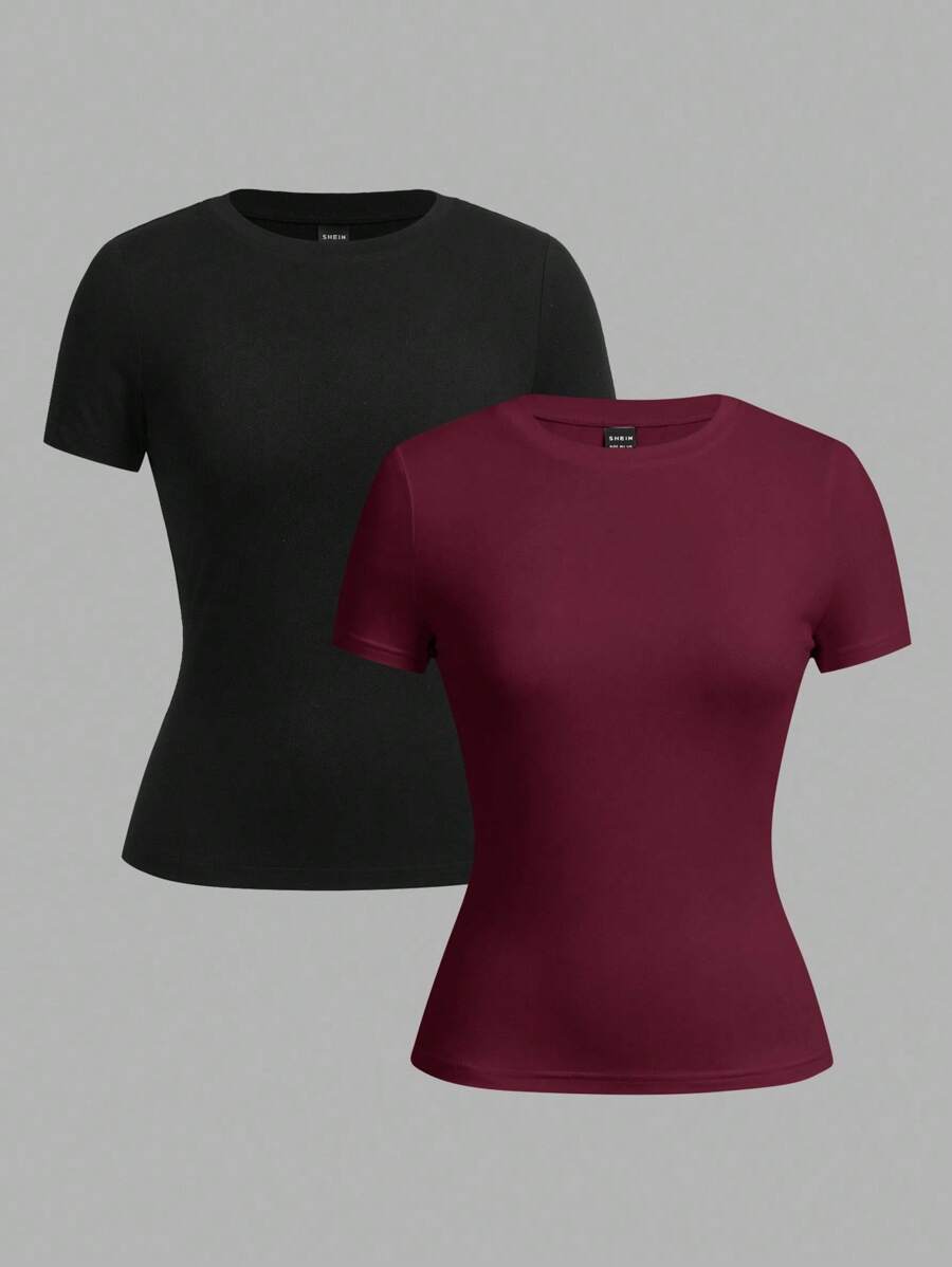SHEIN EZwear 2pcs/Set Basic Crew Neck Short Sleeve T-Shirts, Black & Burgundy, Casual & Minimalist, Suitable For Spring/Summer - Multicolor - View 1