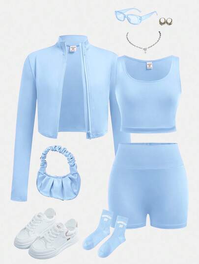 SHEIN 3pcs Tween Girl Long Sleeve Zip-Up Mock Neck T-Shirt, Vest And Leggings Sports Outfit Set Baby Blue Outfit Blue Set Blue Two Piece Set Blue Clothes Teen 3 Piece Short Set Baby Blue Outfit Girls Light Blue Outfit Light Blue Outfits Blue Outfits For Teens