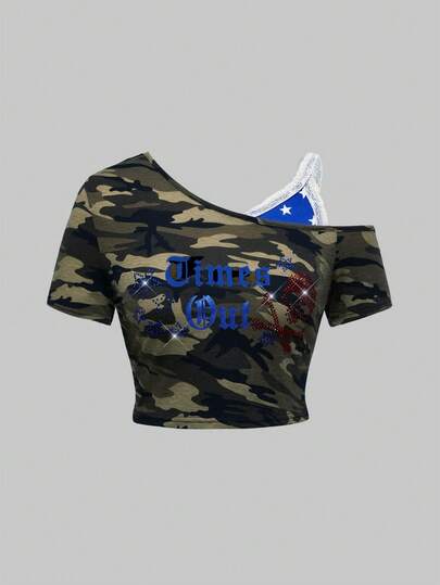 J-Fashion Y2K Harajuku Punk Totenkopf Strass Muster Träger Asymmetrisch Schulter Damen T-Shirt