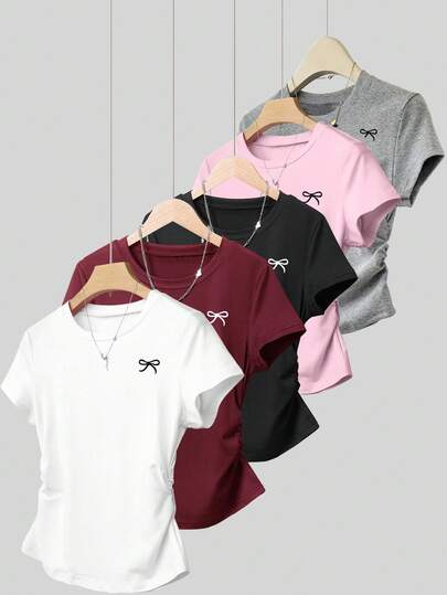 INAWLY Conjunto de 5 camisetas de manga corta con estampado de mariposa, cintura ajustada y versátil, adecuado para el verano