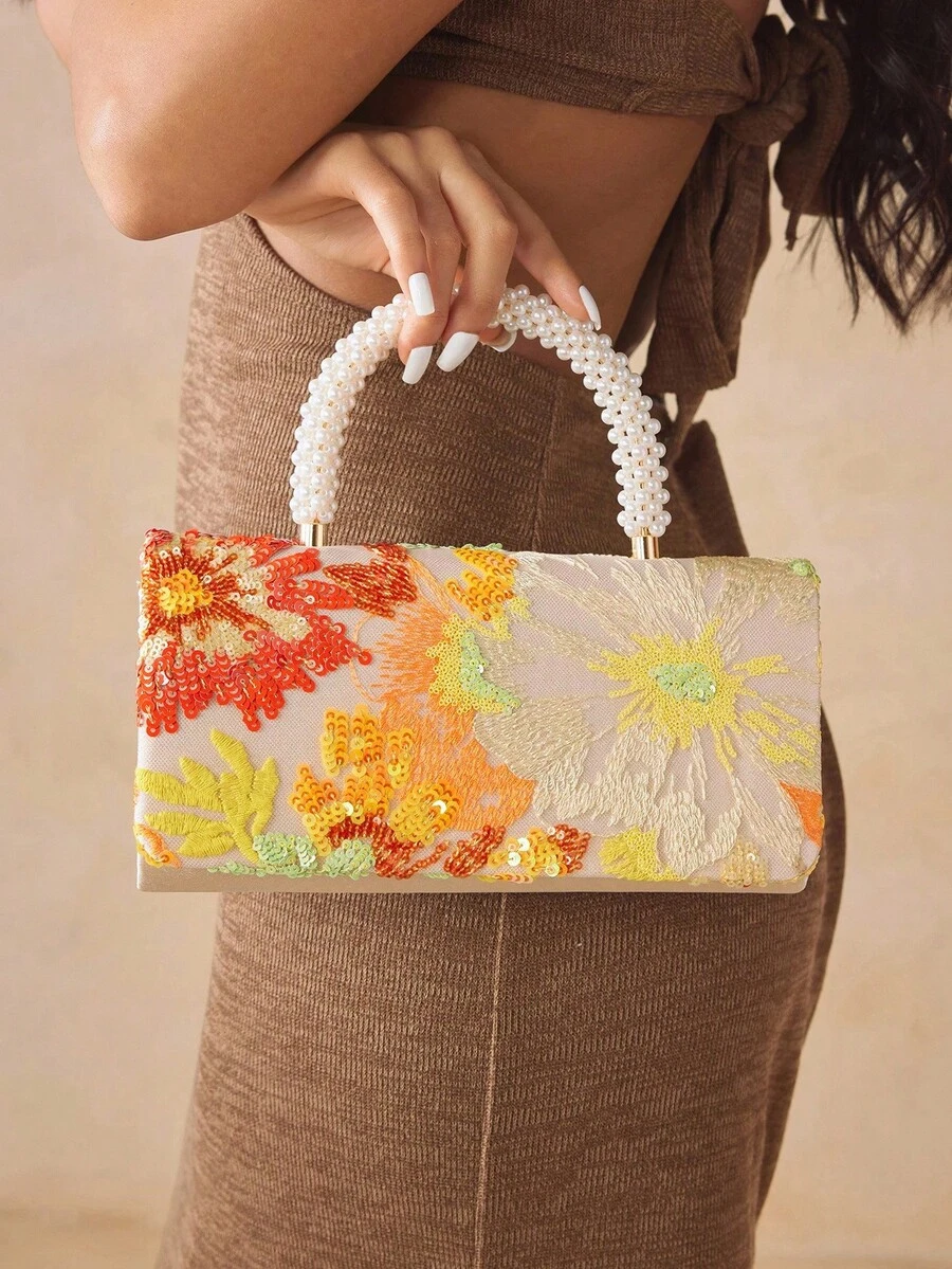 SHEIN SXY Túi xách nữ, Túi xách quai trên, Túi xách dạ hội, Thêu hoa, Quai xách ngọc trai, Thời trang, Thanh lịch, Đơn giản, Cá nhân hóa, Đa năng, Phù hợp với trang phục, Tiệc tùng, Dạ hội, Câu lạc bộ, Hẹn hò, Sinh nhật, Buổi tối, Đêm hẹn hò, Tiệc tối - Màu be - Xem 1