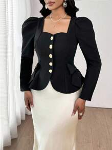 SHEIN Lady Women's Elegant Commuter Urban Puff Sleeves Sweetheart Collar Metal Trim Buckle Cinched Waist Tie Embellished Bow A Hem Blazer Solid Color To Wear In All Seasons Teacher Outfits For Women Business Casual Woman Office Outfits For Women Going Out Tops Western Wear Women In Fall/Winter - Black - View 3