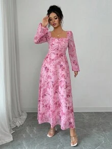 Modelyn Women's Autumn Long Sleeve Chiffon Dress With Front Ruched Design & Butterfly Print Pattern Fall Cloth For Women - Pink - View 4