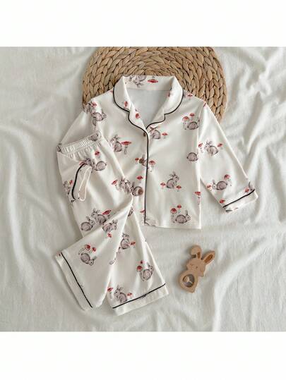 Loomiva 2件套女婴卡通兔子图案针织软领开衫和松紧腰裤套装