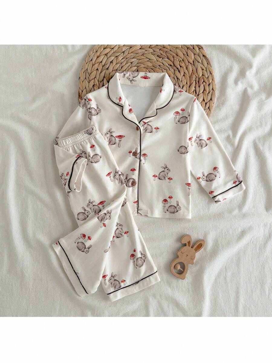 Loomiva 2件套女婴卡通兔子图案针织软领开衫和松紧腰裤套装