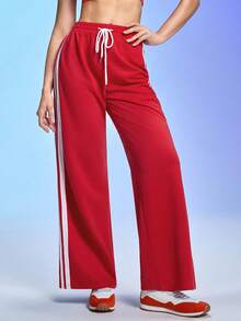 Gameset SHEIN Sport Women's Contrast Side Stripe Elastic Waist Drawstring Sweatpants,Loose Straight Wide Leg Track Pants,Sports Flare Workout Pants - Red - View 4