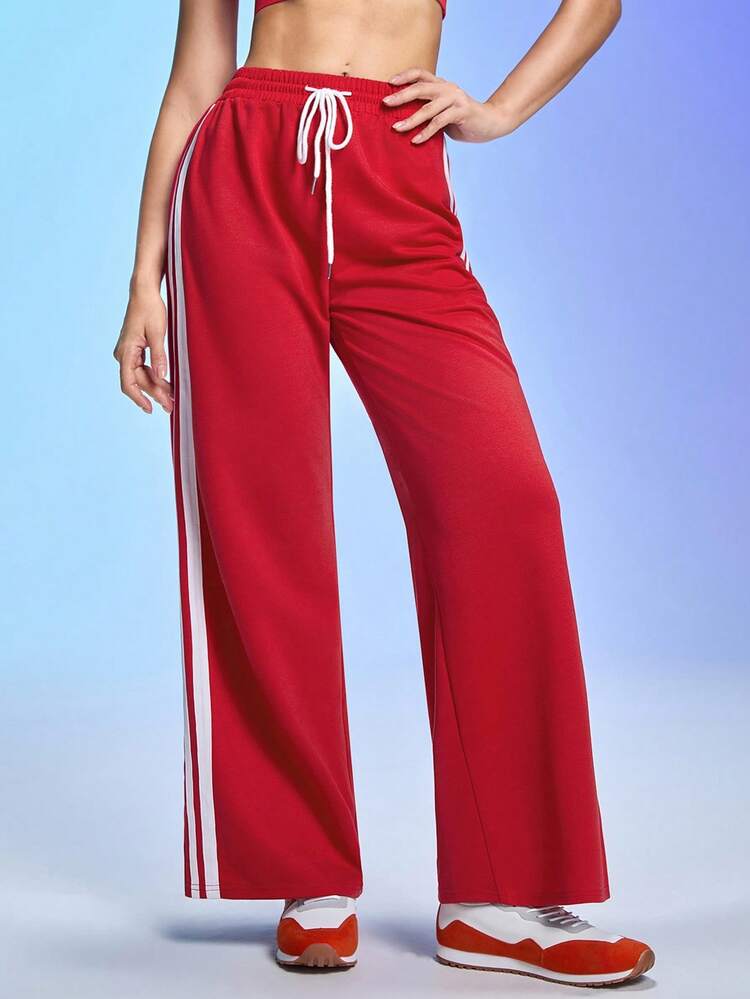 Gameset SHEIN Sport 女式撞色侧条纹松紧腰抽绳宽松直筒运动裤女式阔腿运动裤女式运动裤喇叭裤健身裤 - 紅色 - 查看 4