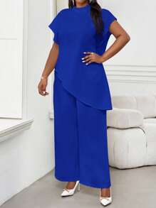 SHEIN Lady 2025新款大码女式钴蓝色纯色圆领3/4袖宽松不对称下摆优雅衬衫情人节新年派对 - 寶藍色 - 查看 6