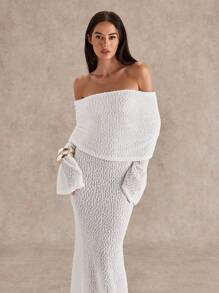 Glamine Váy dạ hội gợi cảm cho nữ, thời trang gợi cảm, màu trơn, bán trong suốt, tay dài một bên vai, váy len maxi, màu trắng - trắng - Xem 8