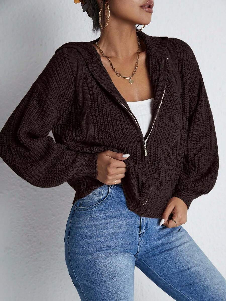 EURMUSE 女士纯色简约日常拉链针织开衫 - 棕色 - 查看 1