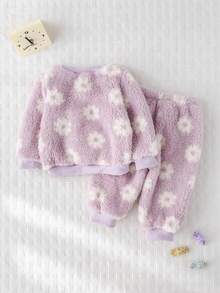Cozy Pixies 2 pezzi Set di felpa con collo a giro a maniche lunghe con stampa floreale e fodera in pile e pantaloni con vita elastica alla caviglia per bambina