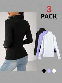 EURMUSE Áo len dệt kim cổ lọ 3 chiếc - Nhiều màu - Xem 2