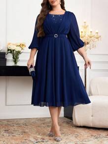 Modelyn Plus Size Rhinestone Color Block Waist Cinched Long Sleeve Dress - Navy Blue - View 4
