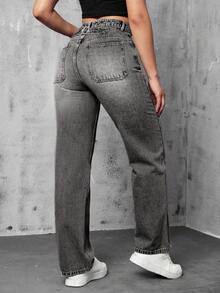 EURMUSE 纯色口袋休闲百搭直筒牛仔裤 - 淺灰色 - 查看 2