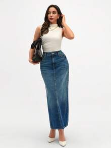 Váy midi denim dáng suông rộng rãi, thoải mái, có túi dành cho nữ, chân váy, váy ngắn - Xanh đậm - Xem 3