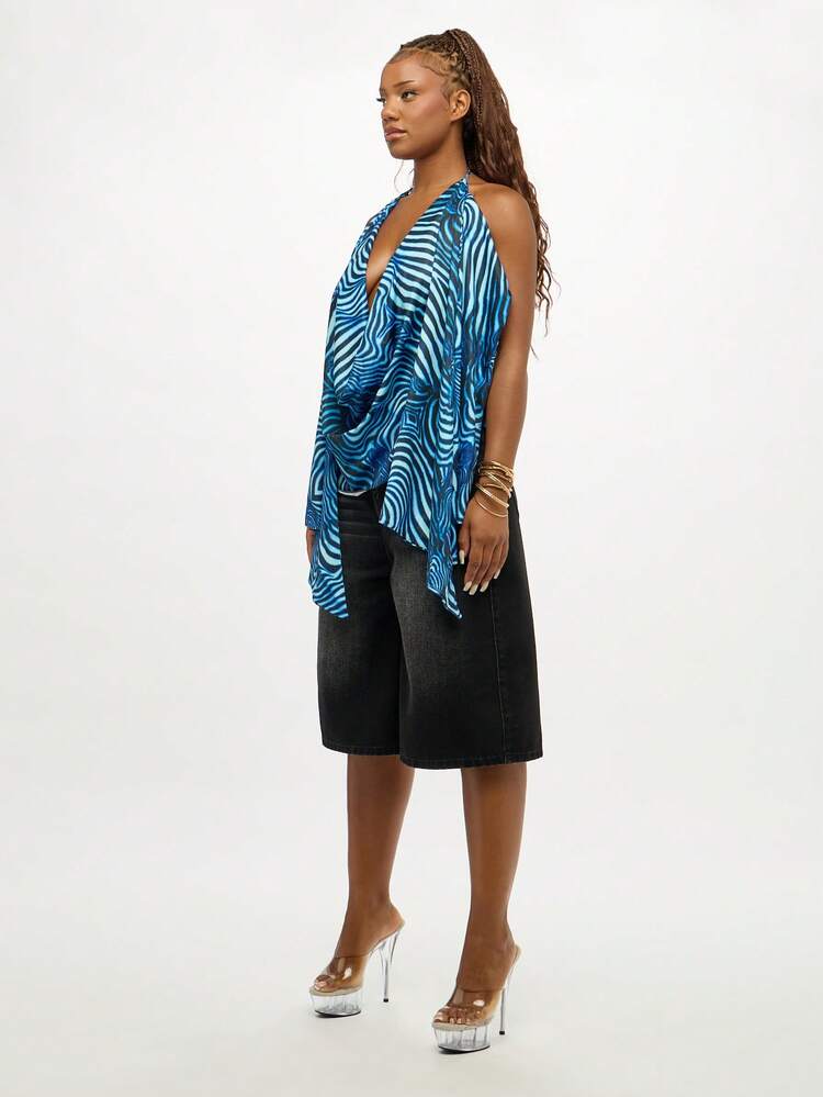SUMWON WOMEN Watercolor Swirl Print Cowl Neck Halter Top Draped Flowy Summer Party Evening Asymmetrical Backless Festival Beach Vacation Resort Wear